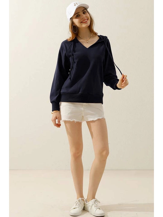 V Neck Cotton Hoodie Sweatshirt Casual Top