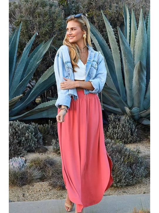 Smocking Waist Maxi Skirt with Side Pockets