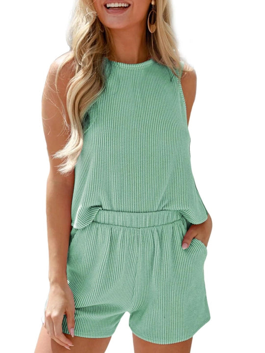 Sleeveless Vest Shorts Striped Two-Piece Set
