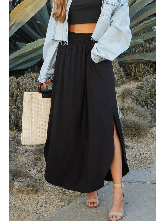 Smocking Waist Maxi Skirt with Side Pockets