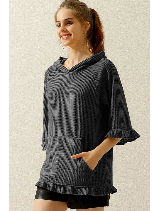 Hooded 3/4 Ruffled Sleeve Knit Sweater with Pocket
