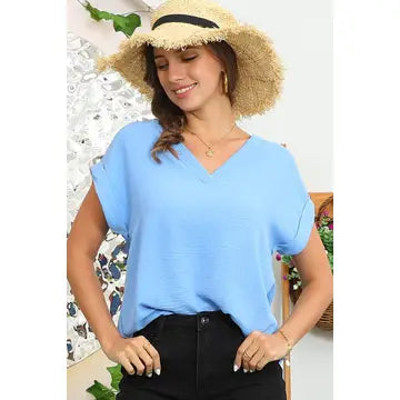 V Neck Trim Rolled Short Sleeve Top
