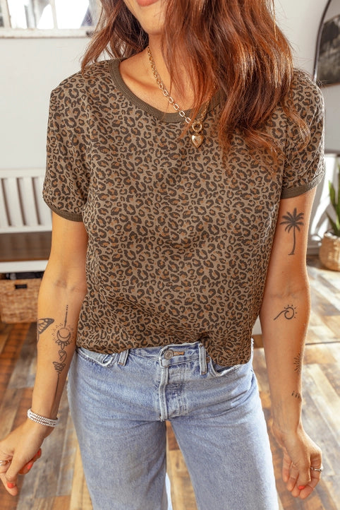 Khaki Fierce Leopard Crew Neck Top