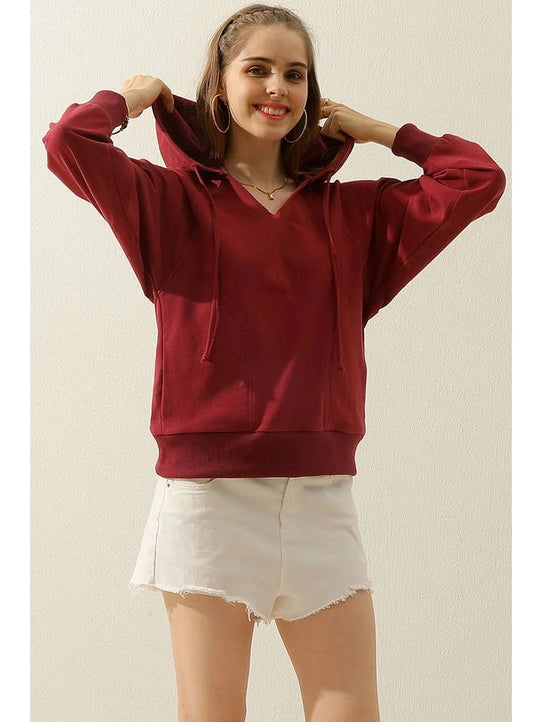 V Neck Cotton Hoodie Sweatshirt Casual Top