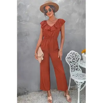 Solid Ruffle Trim V Neck Fit Jumpsuit