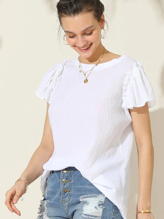R Neck Frill Short Sleeve Blouse Top