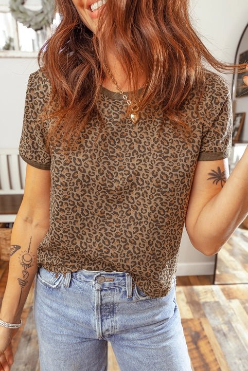 Khaki Fierce Leopard Crew Neck Top
