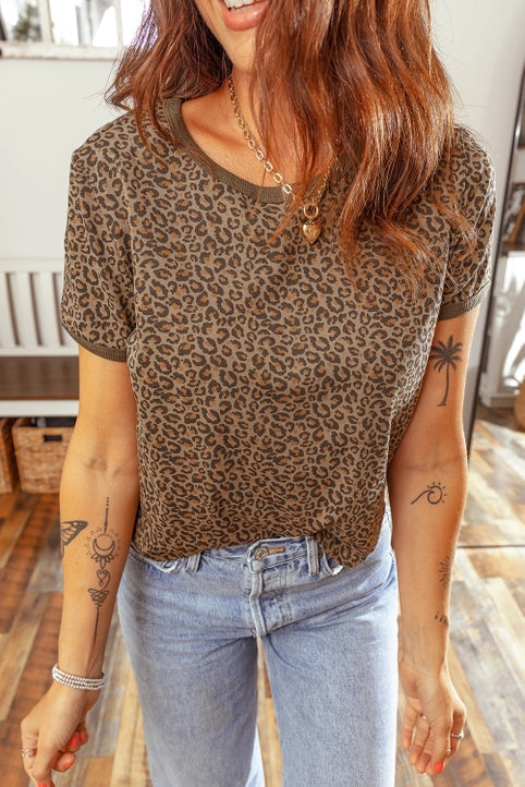 Khaki Fierce Leopard Crew Neck Top