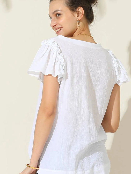 R Neck Frill Short Sleeve Blouse Top