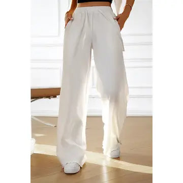 Solid Pockets Elastic Waist Loose Straight Pants
