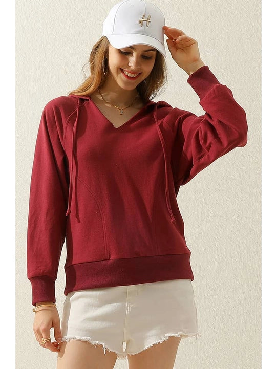 V Neck Cotton Hoodie Sweatshirt Casual Top