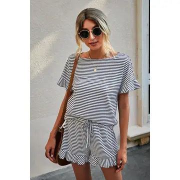 Round Neck Striped Top Short Set