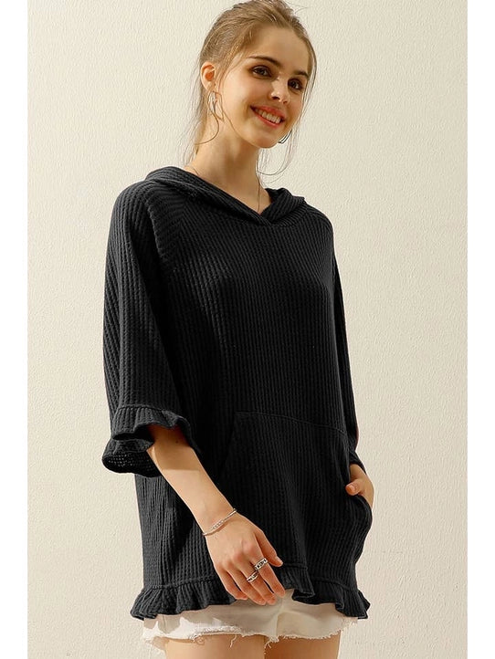 Hooded 3/4 Ruffled Sleeve Knit Sweater with Pocket
