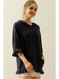 Hooded 3/4 Ruffled Sleeve Knit Sweater with Pocket