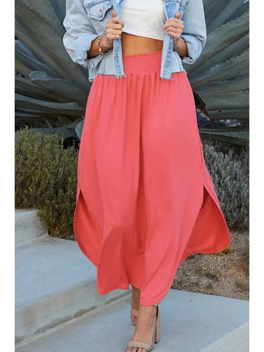Smocking Waist Maxi Skirt with Side Pockets