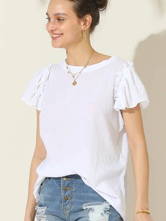 R Neck Frill Short Sleeve Blouse Top