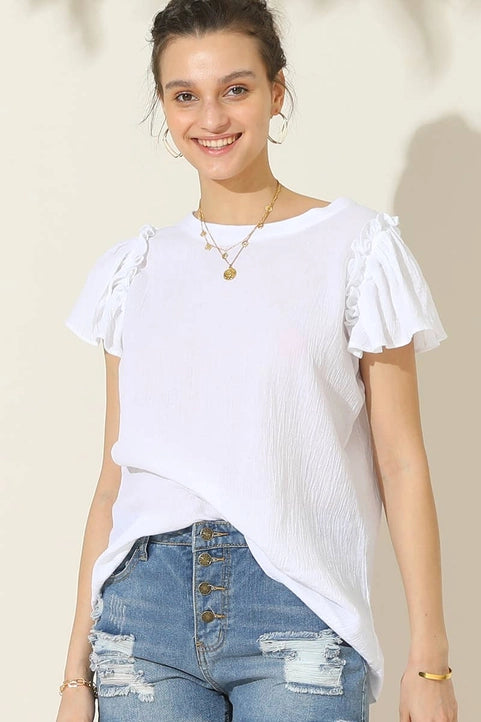 R Neck Frill Short Sleeve Blouse Top