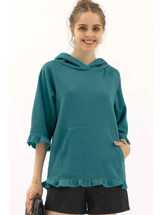3/4 Sleeve Hoodie Sweatshirt with Kangaroo Pocket